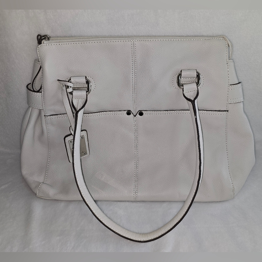 Tignanello Off White Pebbled Leather Shoulder Bag, Zip Top with Silver Hardware